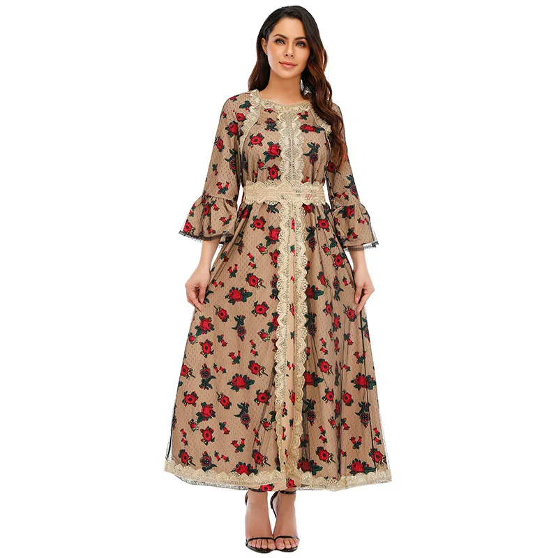 

New Ethnic Style Round Neck Print Embroidered Lace Mesh Muslim Dress Three-quarter Flared Sleeves Vestidos Elegantes Para Mujer