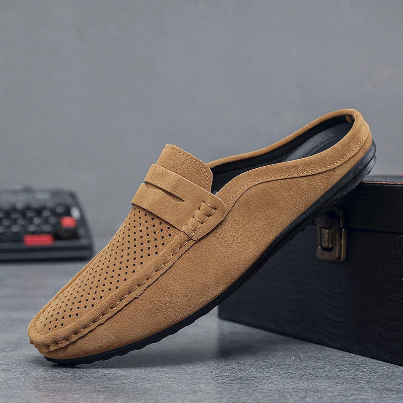 

Summer Mules Suede Leather Half Shoes For Men Casual Mens Penny Loafers Slipper Slip On Flats Lazy Driving Shoes Man Moccasin