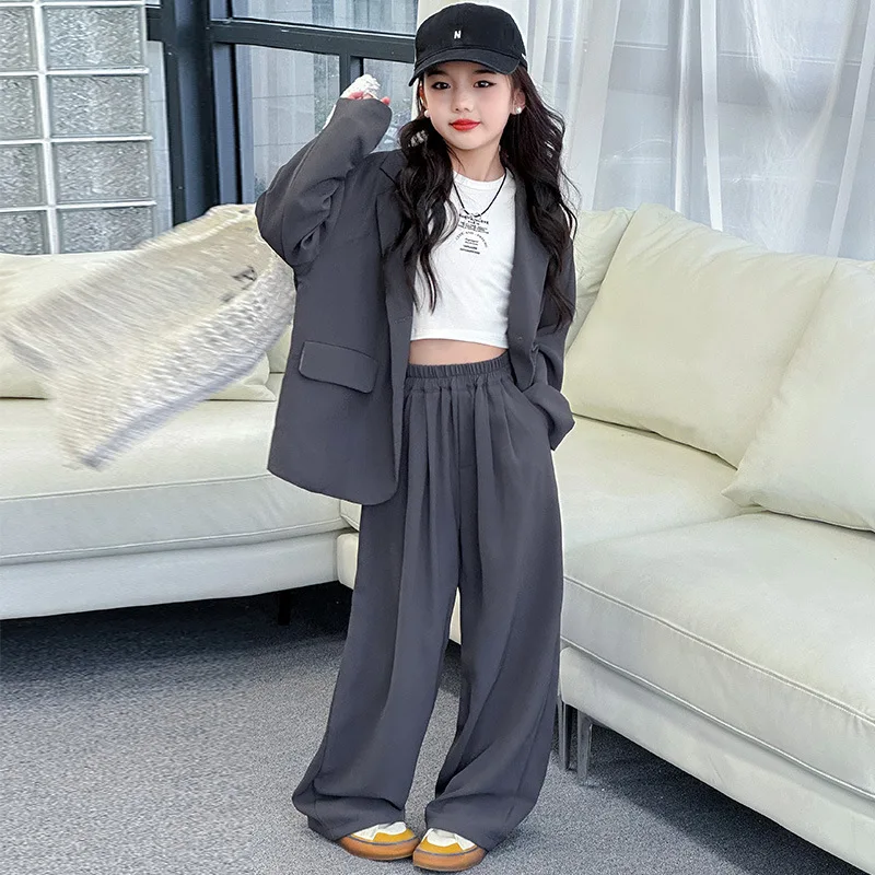 

Kids Boutique Clothes Simple Stylish Premium School Teenage Girls Suit Spring Autumn 5-13 Years Blazer Trousers Two Pieces Set