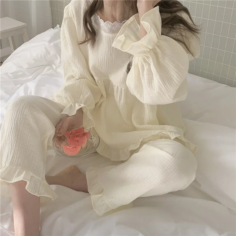 Korea Style Women's Pajama Set Long Sleeve Spring Ladies Sleepwear 2 Pcs with Pant Solid Lace Loose Home Clothes for Female
Korea Style Women's Pajama Set Long Sleeve Spring Ladies Sleepwear 2 Pcs with Pant Solid Lace Loose Home Clothes for Female
