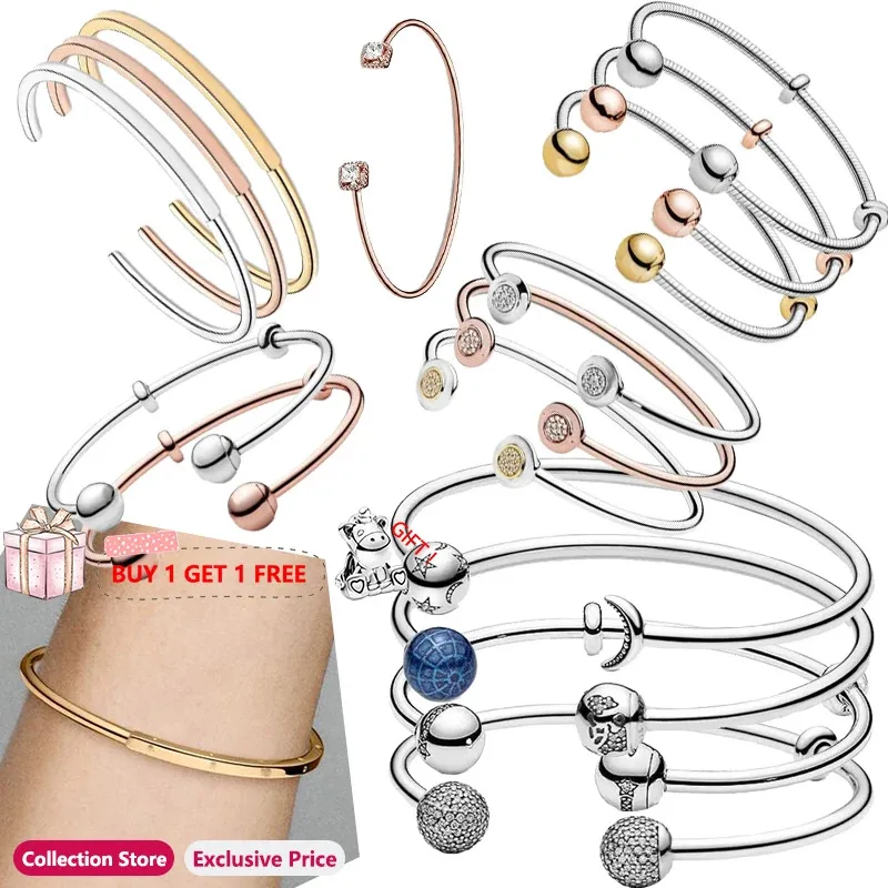 

Authentic S925 Silver Classic Sparkling Star Moon Snake Women's Original Open Logo Bracelet Wedding DIY Charming Jewelry