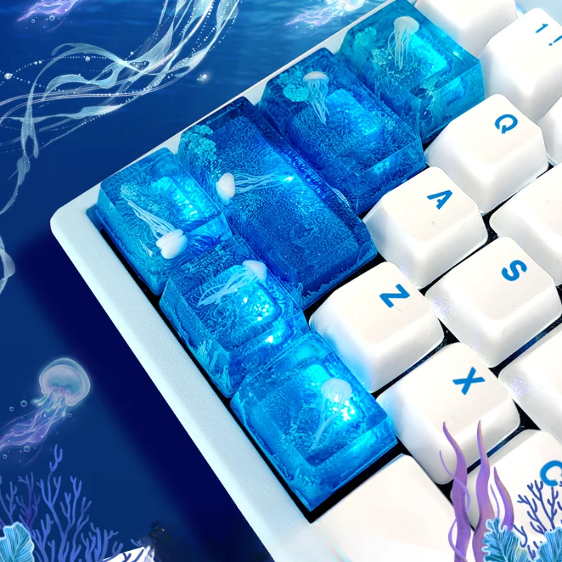 

MiFuny Blue Jellyfish Key Cap Marine Theme Resin material Layered Drip Gel Design Keycaps for Mechanical Keyboard Accessories