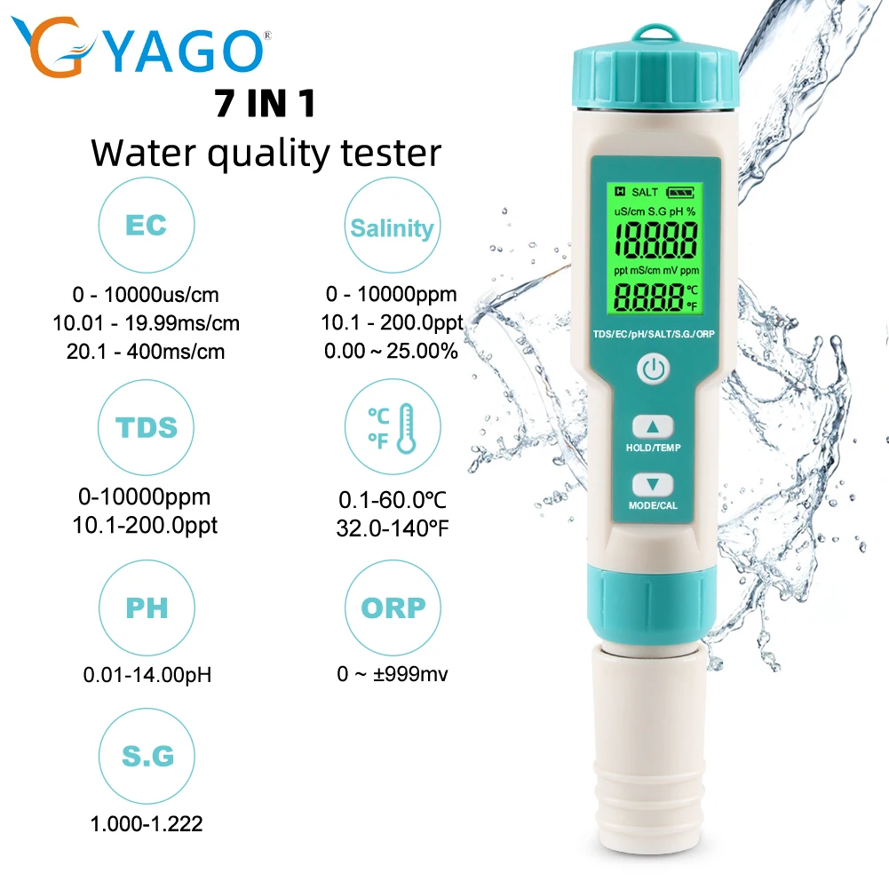 7 in 1 PH Meter Aquarium Water Quality Tester TDS/EC/ORP/S.G/Salinity/Temperature Tester With Electrode for Drinking Water Pools 
7 in 1 PH Meter Aquarium Water Quality Tester TDS/EC/ORP/S.G/Salinity/Temperature Tester With Electrode for Drinking Water Pools