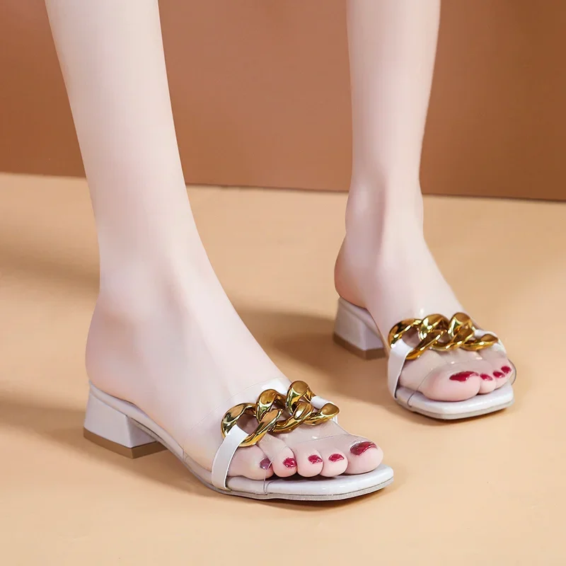 Сандалии женские с круглым носком, повседневные туфли из ПВХ, на квадратном каблуке, пикантные удобные туфли на высоком каблуке, лето