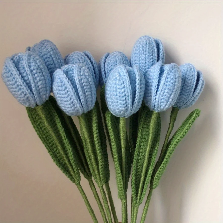 

6pcs Fake Tulips Artificial Flower Bouquet For Decoration, Tulip Crochet Flowers Bouquet For Table Decor, Handmade Knitted Tulip