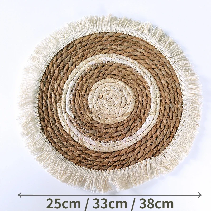 

New Woven Round Placemat with Tassel 25~30cm Bohemian Table Placemats Heat-resistant Non-slip Table Mat for Home Wedding Kitchen