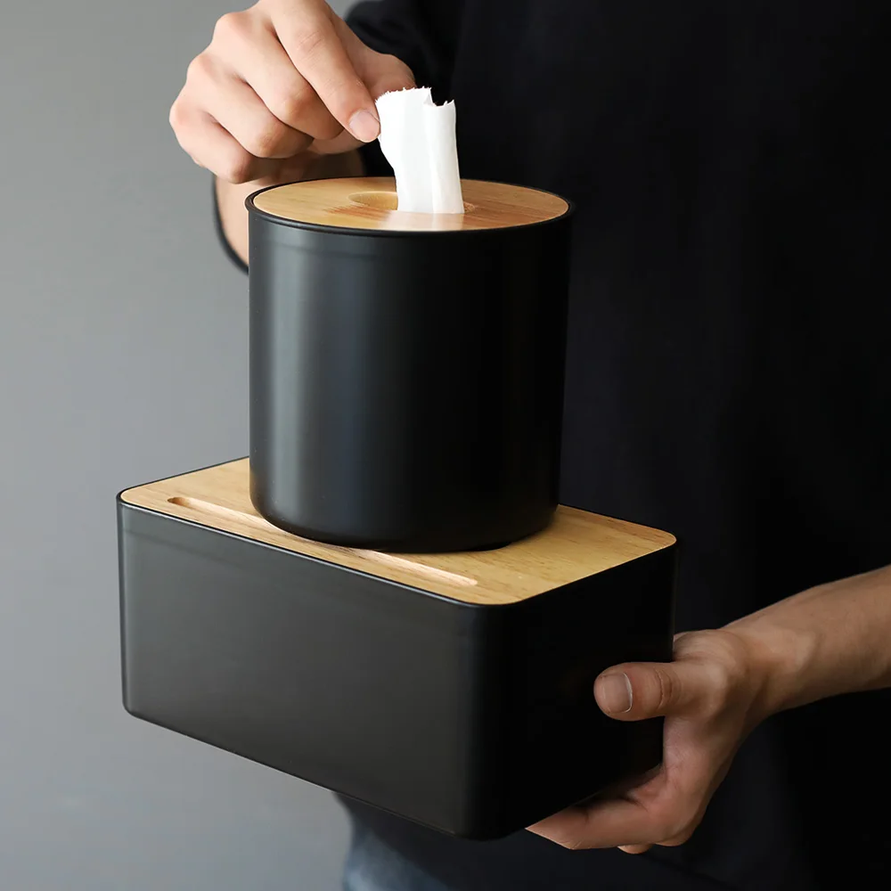 

Black Tissue Box with Wood Cover Containers Roll Paper Modern Canister Home Hotel Dining Living Room