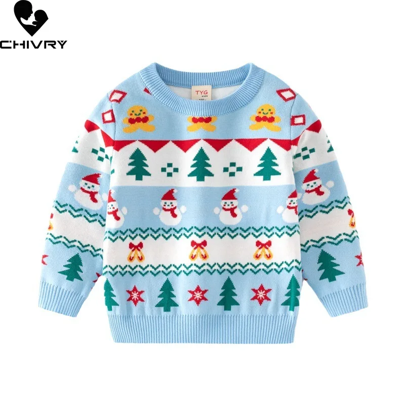 

Детский жаккардовый вязаный джемпер с мультяшным рождественским снеговиком, свитеры, новинка 2023, осенне-зимний пуловер для маленьких девочек с круглым вырезом, свитер
