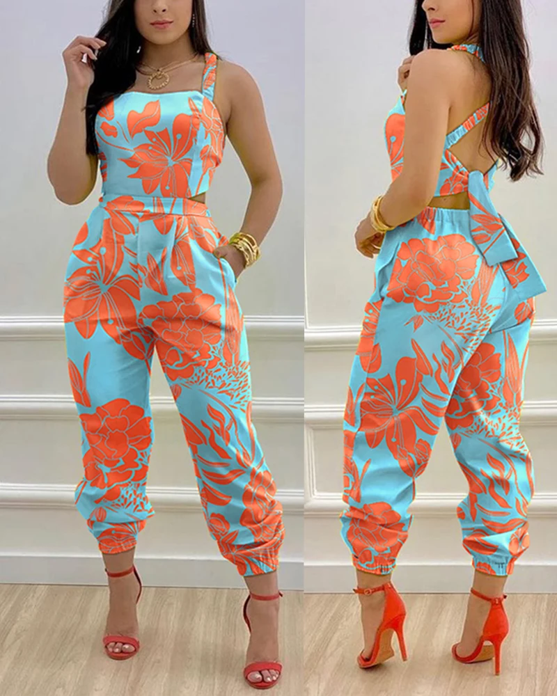 

2023 Women Plants Print Criss Cross Tied Detail Backless Sleeveless Jumpsuit One Piece Romper Long Pants Summer Clothes Female