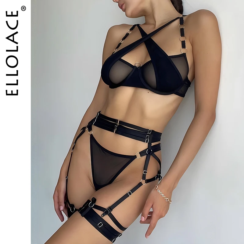 

Ellolace Erotic Lingerie Cross Bra Fantasy Underwear Luxury Hot Sexy Bilizna Intimate Fancy Sheer Lace Linen Set Garter Outfits