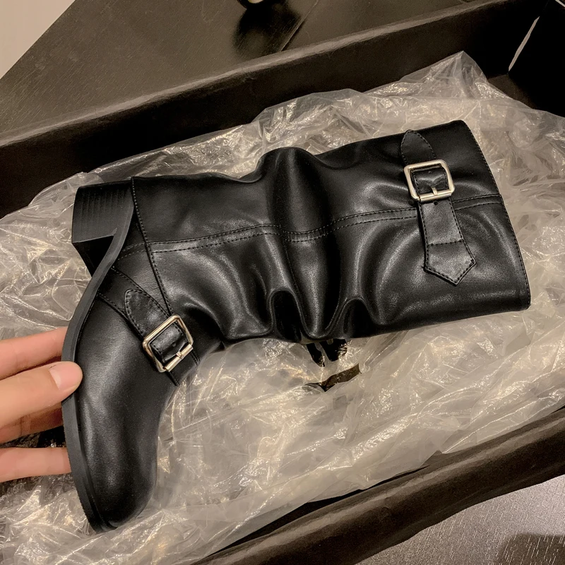 NEW Round Toe Buckle Pleated Genuine Leath Autumn Mid Calf Boots For Women Med Heel Punk Style Motorcycle boots
NEW Round Toe Buckle Pleated Genuine Leath Autumn Mid Calf Boots For Women Med Heel Punk Style Motorcycle boots