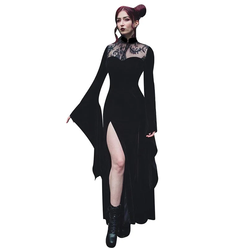 

Witch Cosplay Costumes Dark Goth Halloween Costume Sexy Black Dress Witch Vampire Bridal Clothing Women Lace Splicing Long Dress