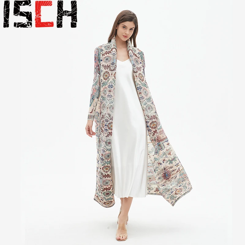

Casual Long Printed Cape Miyake Original Pleated Style Trench Coat 2024 Spring and Summer New Lengthened Coat Women Clothing