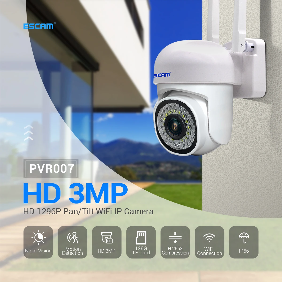 

ESCAM PVR007 Security Camera H.265 3MP Full HD Color Night Vision Motion Detection Sound Alarm WiFi Camera IP66