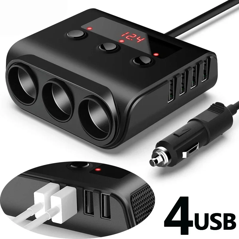 

12V/24V 3 Way Auto Sockets Car Cigarette Lighter With 5 USB Charger Splitter Lighter 5V 3.1A Output Power With Voltage Display