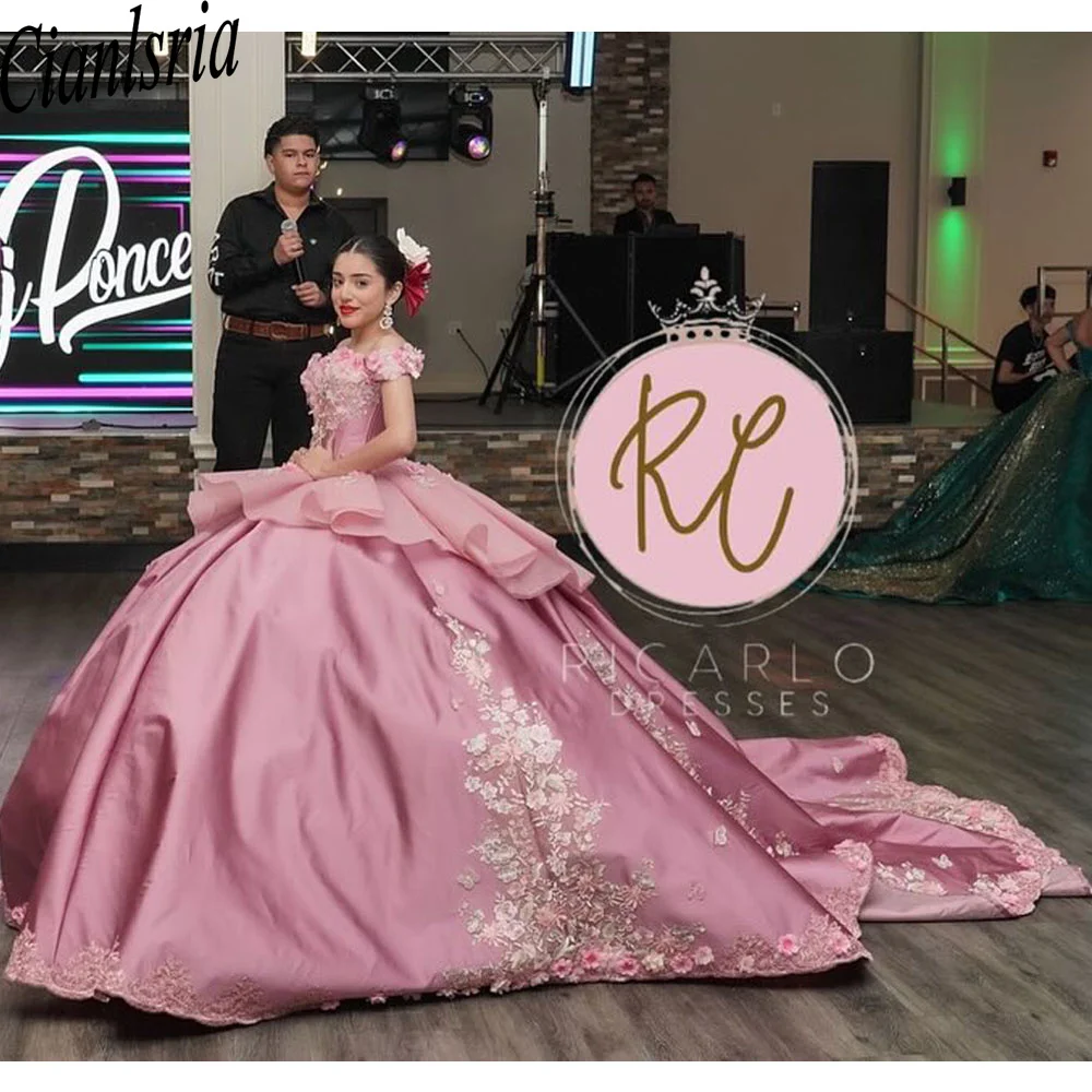 

Mexican Pink Quinceanera Dress Ball Gown Lace Applique Beads Tiered With Cape Corset Sweet 16 Vestidos De XV 15 Anos