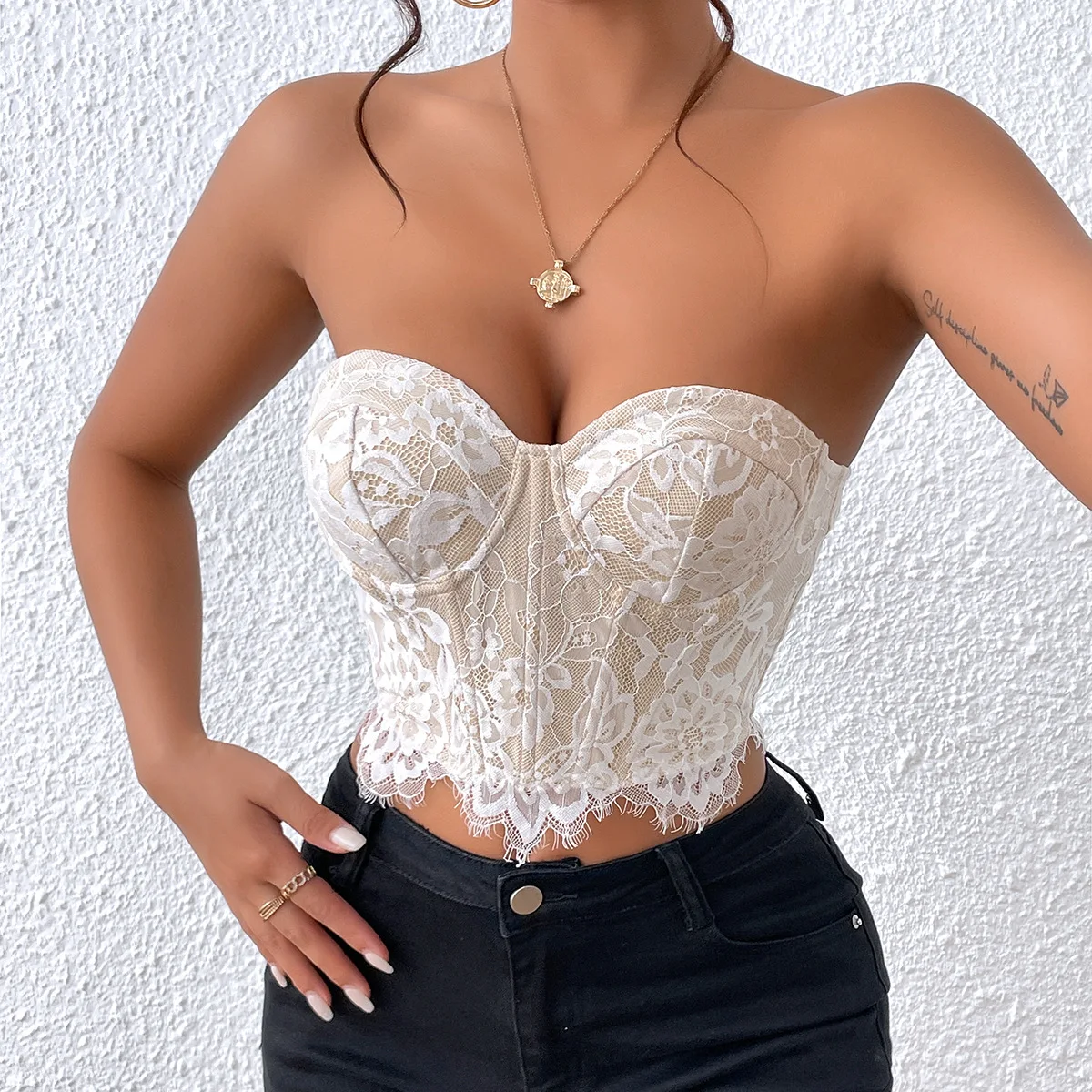 

White Crop Tops Lace Corset Ladies Summer Sexy Fashion Strapless Push Up Bra Tank Top with Buckle Slim Bustier Lingerie Camisole