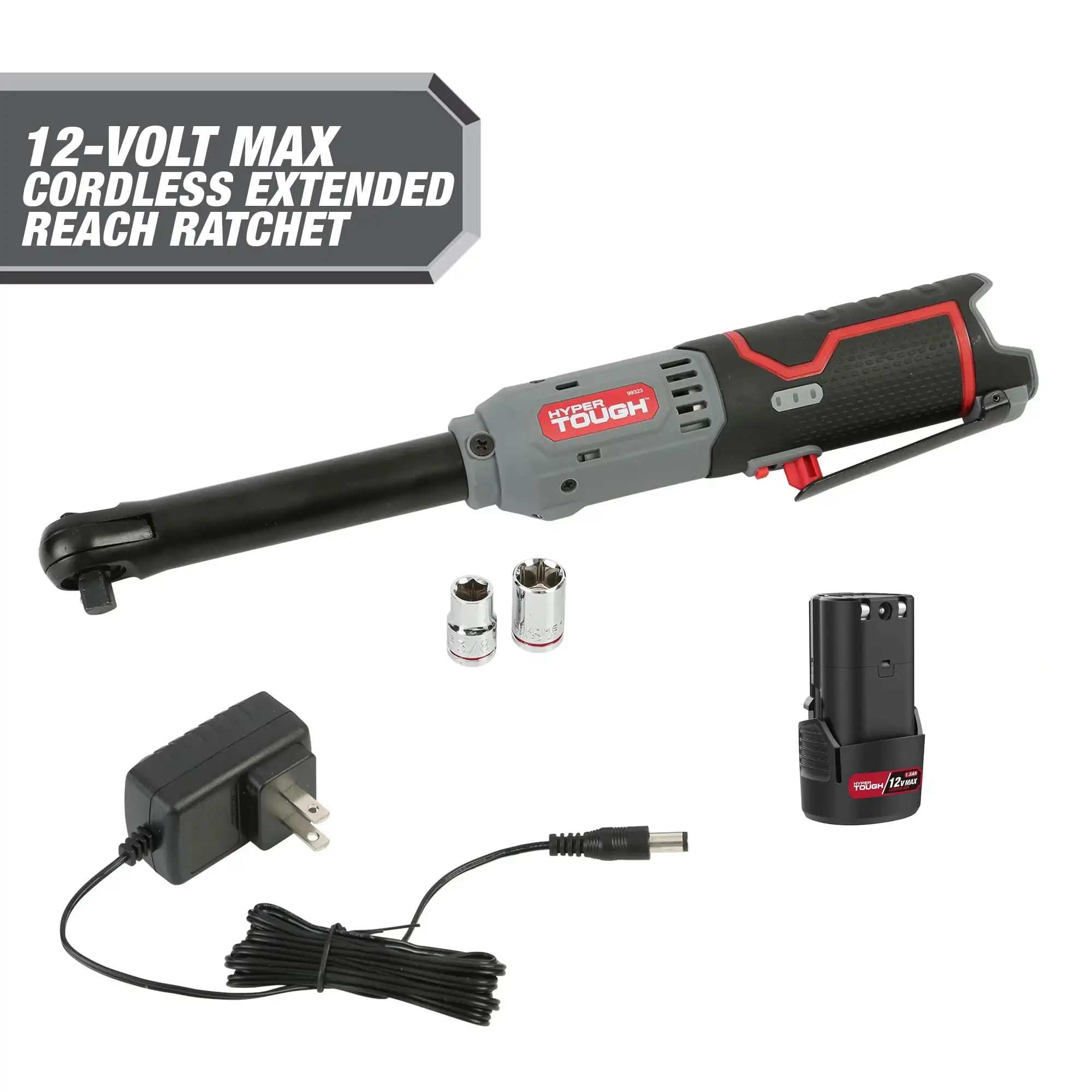 Hyper Tough 12V Max* Lithium-Ion 3/8-inch Cordless Extended Reach Ratchet with 1.5Ah Battery and Charger, 99323
Hyper Tough 12V Max* Lithium-Ion 3/8-inch Cordless Extended Reach Ratchet with 1.5Ah Battery and Charger, 99323
