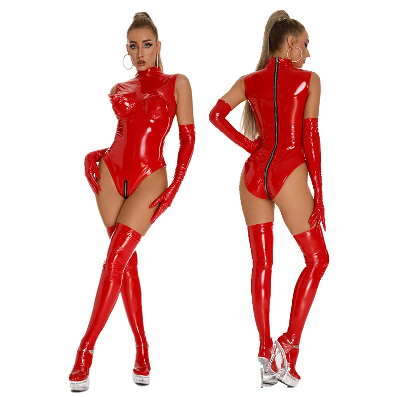 

Wet Look Detached Open-Cup Crotchless Body Sleeves PU Leather Latex Playsuit Catsuit Bustier Set Fetish Teddy Wear Lingeries