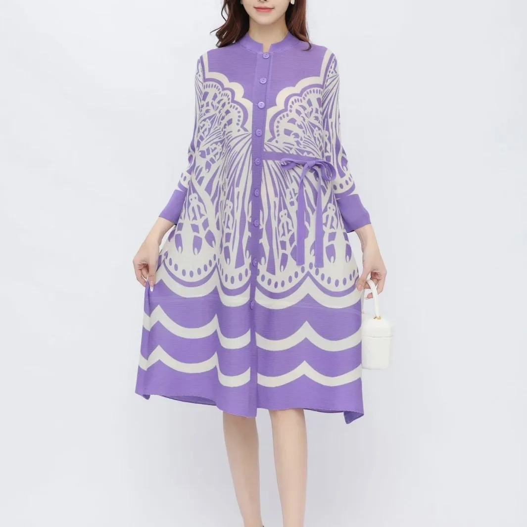 

Miyake Pleated Printed Dress New Women's 2024 Fashion Large Size Stand Collar Single Breasted Cardigan Elastic Shake Skirt