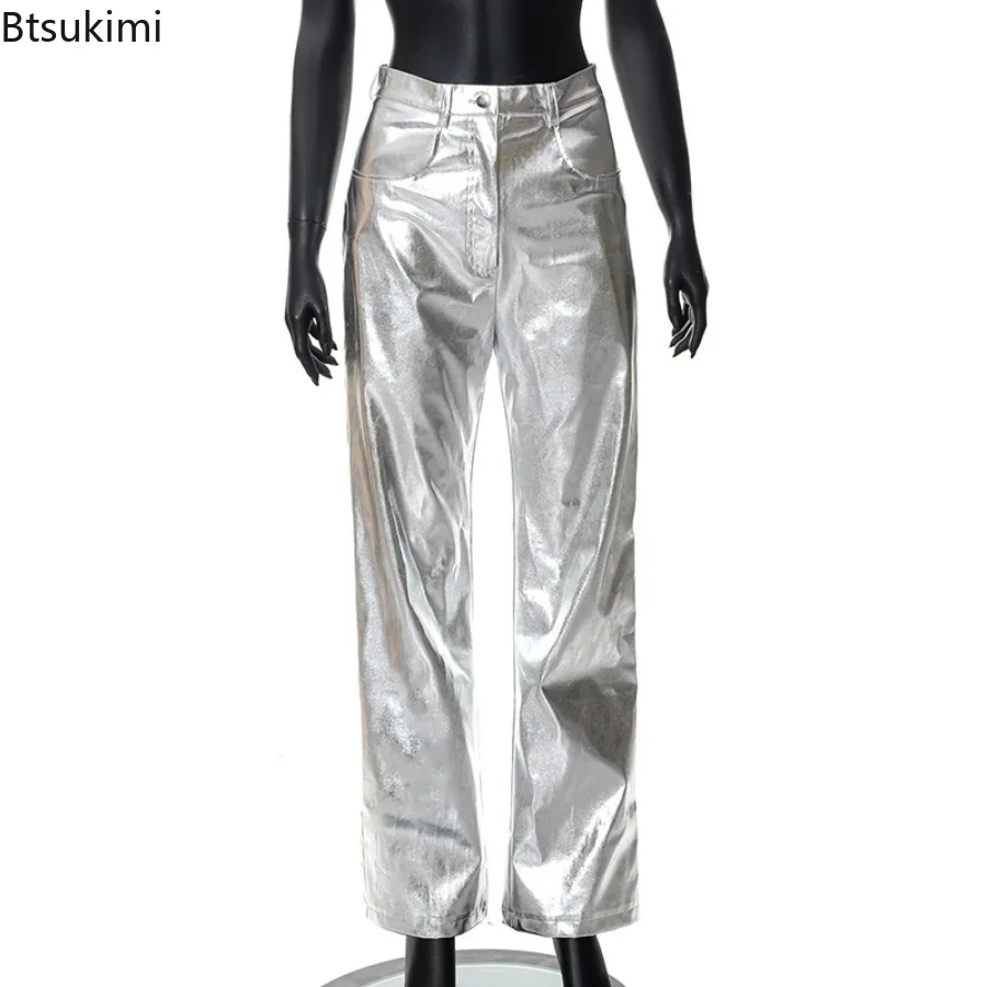 

New2024 Women's High Waisted PU Leather Pants Candy Colors Casual Pants Trousers Female Fashion Straight Trousers Clubwear Pants