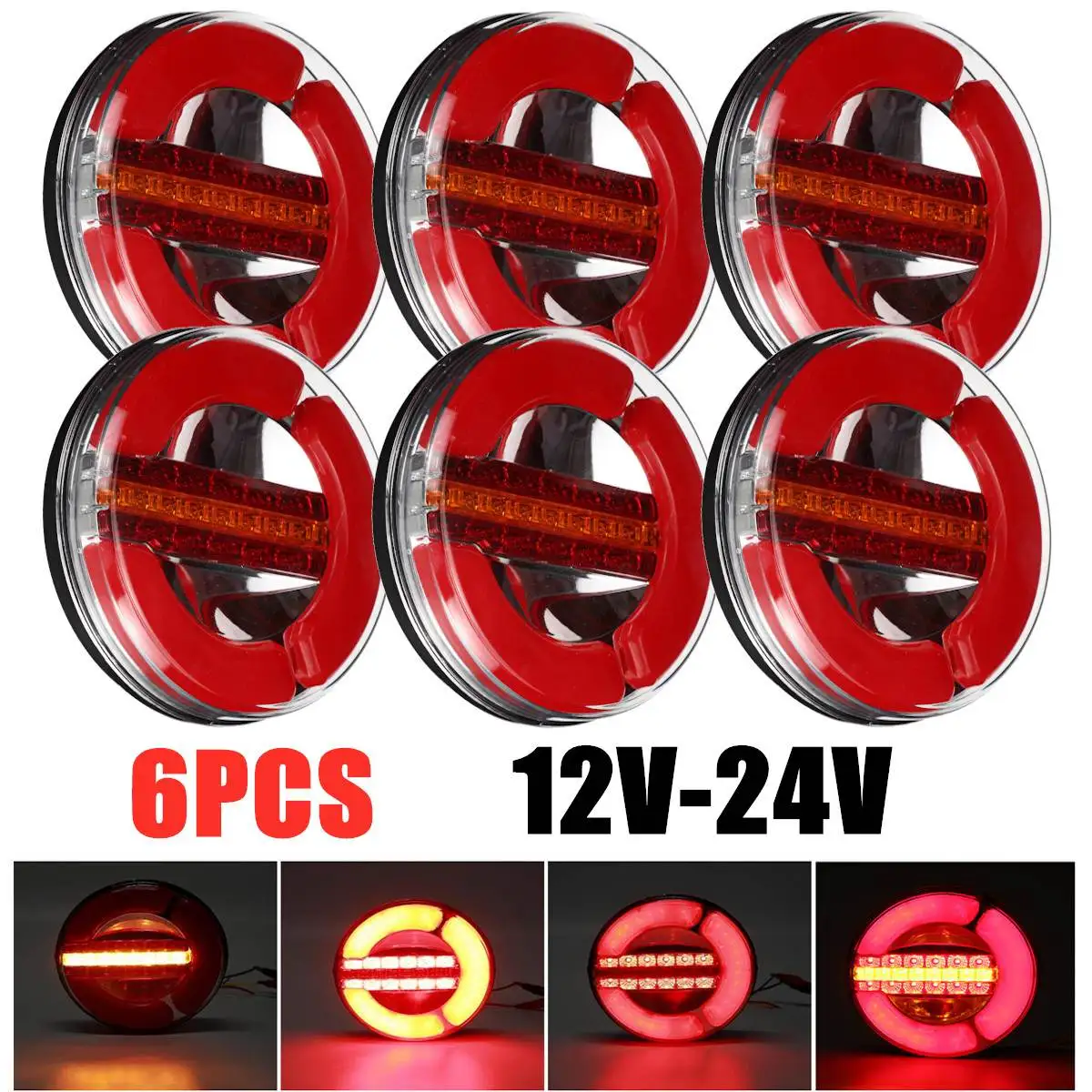 

6x 12-24V LED Truck Taillight For Car Trailer Lorry RV Bus 4in1 Dynamic Tail Trun Signal Reverse Lamp Rear Brake Stop Light