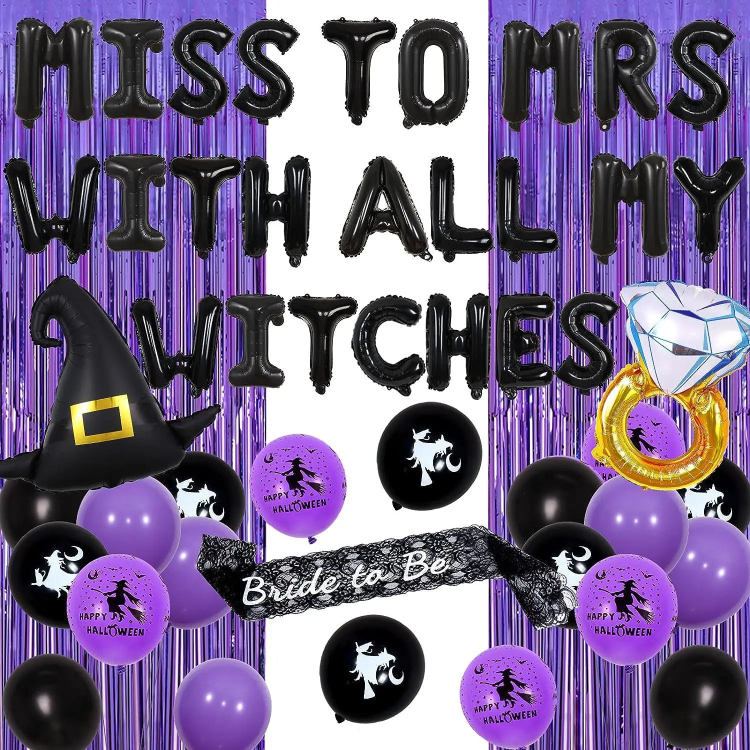 

Halloween Bachelorette Party Decorations Miss To Mrs with All My Witches Balloons Banner Bride To Be Sash Bridal Shower Decor