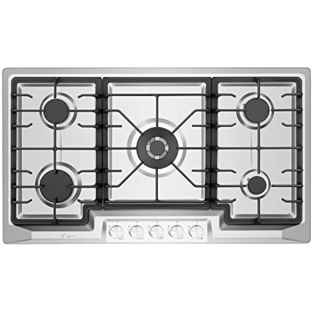 

36 Inch Stainless Steel Gas Cooktop Professional 5 Italy Sabaf Burners Stove Top Certified with Thermocouple Protection Silver