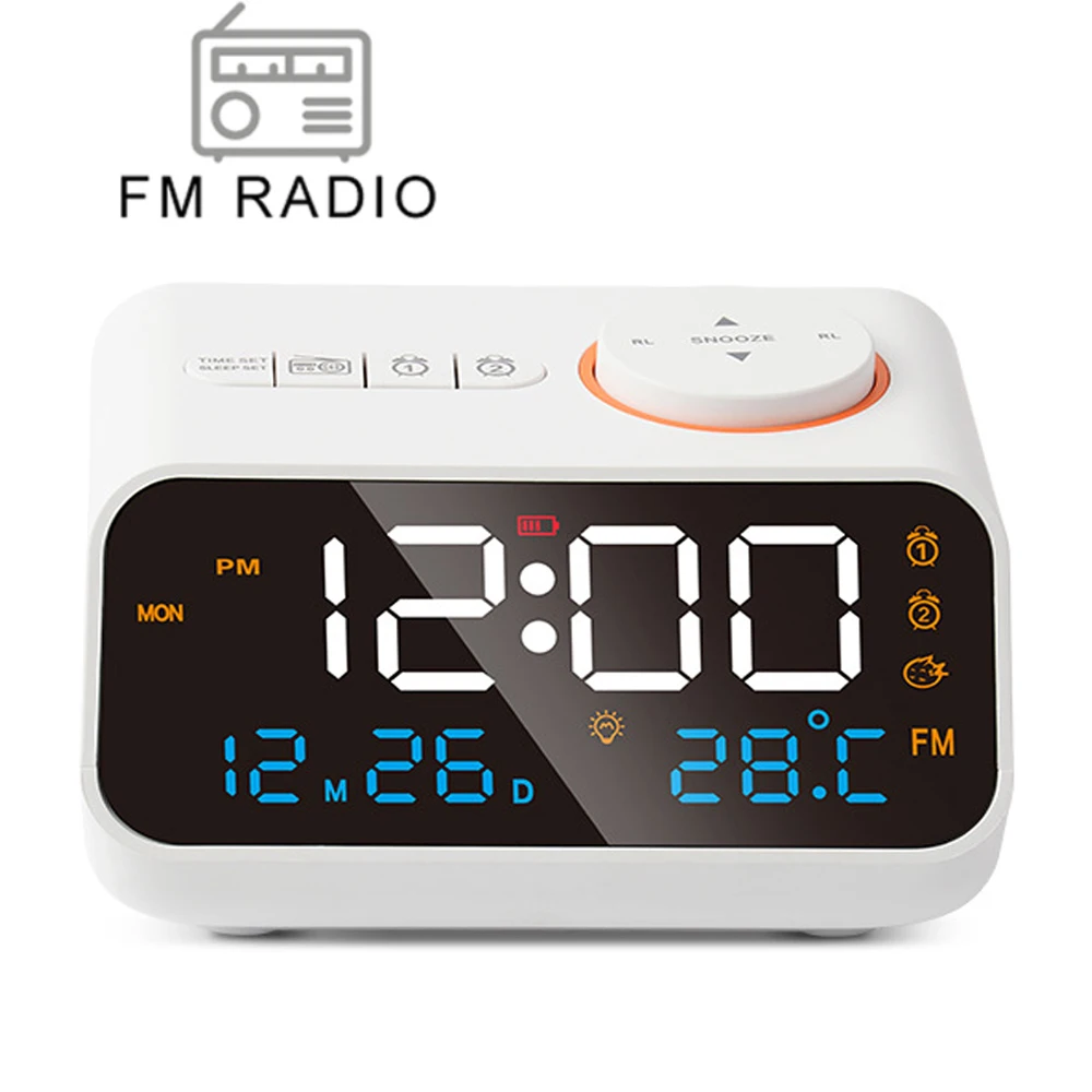

Mordern FM Radio LED Alarm Clock for Bedside Wake Up. Digital Table Calendar with Temperature Thermometer Humidity Hygrometer
