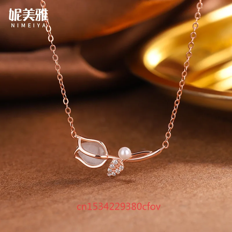 

Natural Agate Jade Chalcedony Tulip Pearl Pendant Necklace Clavicular Chain Charming S925 Silver Jewelry Gift for Women