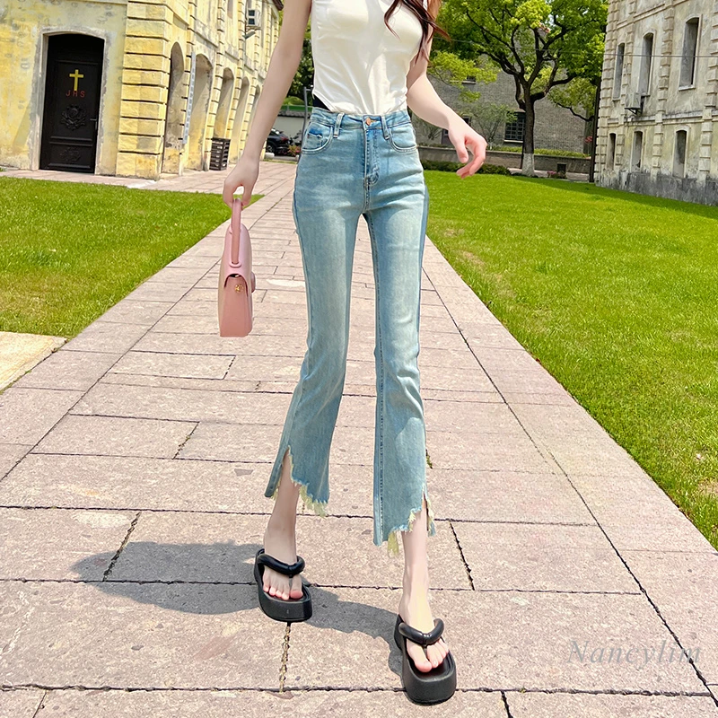 

High Waist Bootcut Jeans for Women 2023 Summer New Thin Frayed Retro Light Blue Cropped Skinny Jeans Denim Pants Lady Streetwear