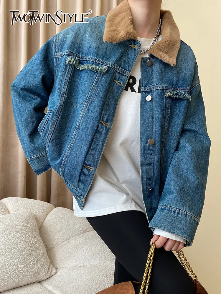 TWOTWINSTYLE Colorblock Denim Parkas For Women Lapel Long Sleeve Patchwork Single Breasted Casual Coats Female Fashion Clothes
TWOTWINSTYLE Colorblock Denim Parkas For Women Lapel Long Sleeve Patchwork Single Breasted Casual Coats Female Fashion Clothes