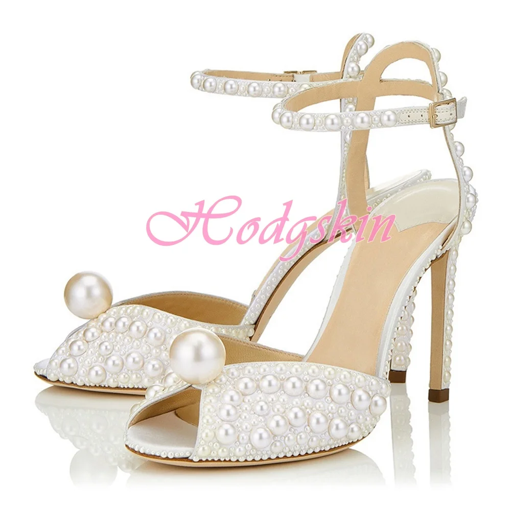 

Pearl Studded Buckles Sandals Peep Toe Sexy Design Women Shoes Solid Stiletto Heels Ankle Straps Summer Party Wedding Pumps Shoe