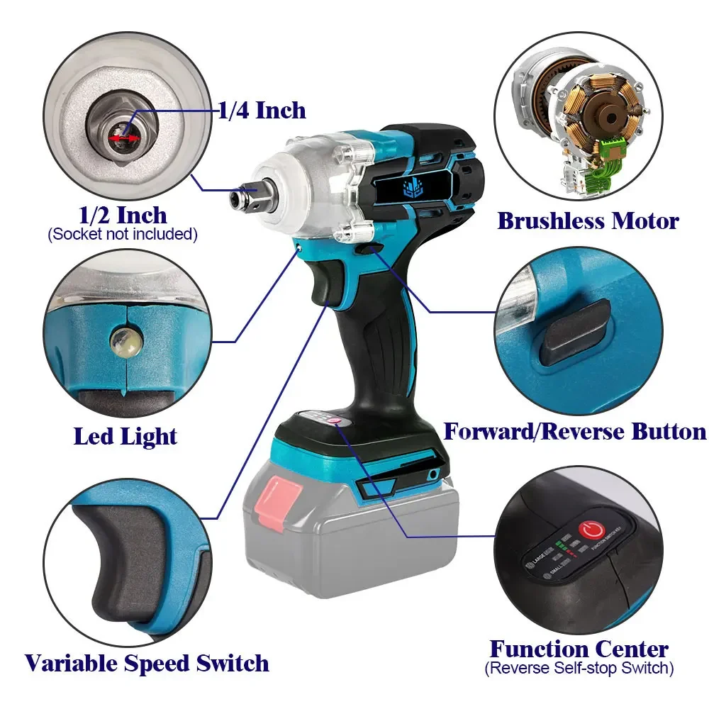 18V Brushless Electric Impact Wrench 520N.m 1/2 Inch Cordless Wrench with 4 Socket For Makita 18V Battery Power Tool
18V Brushless Electric Impact Wrench 520N.m 1/2 Inch Cordless Wrench with 4 Socket For Makita 18V Battery Power Tool
