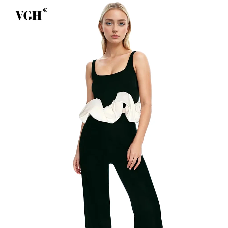 

VGH Casual Hit Color Patchwork Ruffle Top For Women Square Collar Sleeveless Minimalist Slimming Tank Tops Female Fashion New