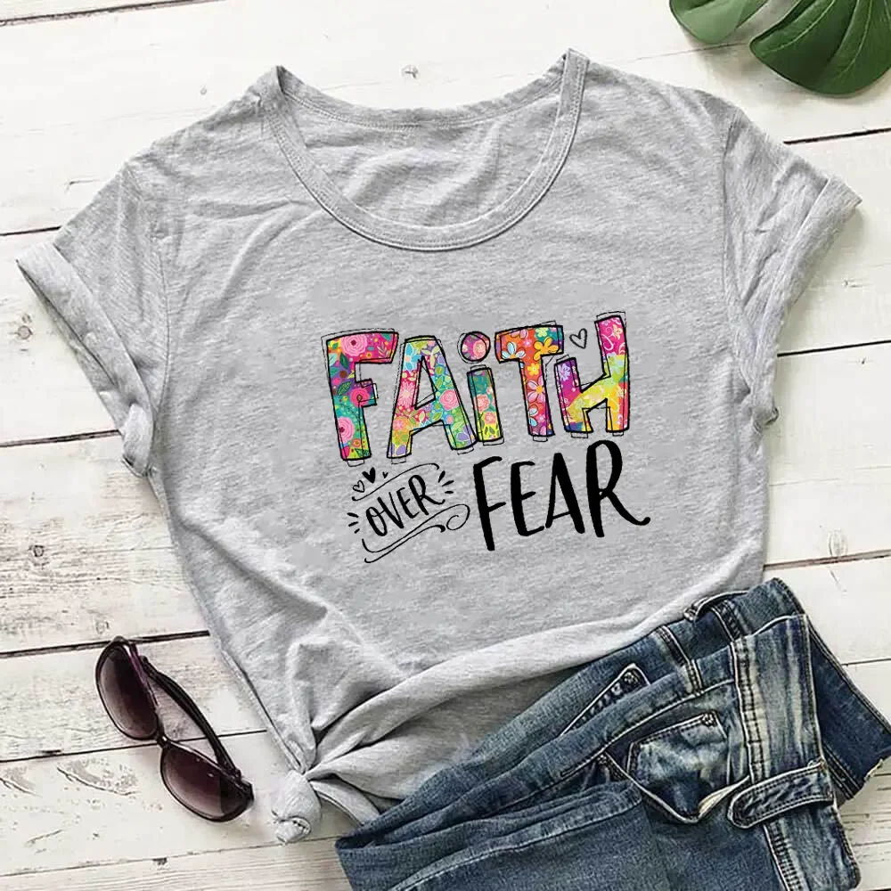 

Vintage Faith Over Fear Floral Letters Printing Women T Shirts Cotton Religious Jesus Church Clothes Christian Top Dropshipping