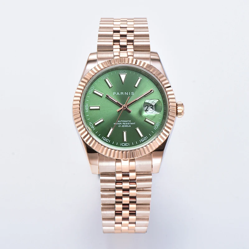 

Fashion Parnis 39.5mm Green Dial Men's Mechanical Automatic Watches Calendar Sapphire Crystal Men Waterproof Watch reloj hombre