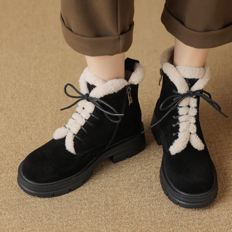 

New Fashion Black Snow Boots Platform Thick Sole Winter Ankle Botas Lace Up Warm Short Botines Femininos Chaussure Femininos