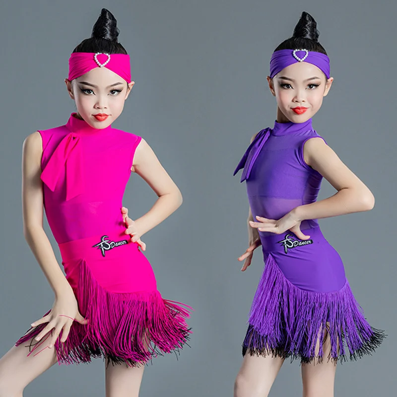 

Latin Dance Dress Girls Cha Dance Costume Fringe Dress Rhodo/purple Kids Latin Competition Dress Samba Practice Wear