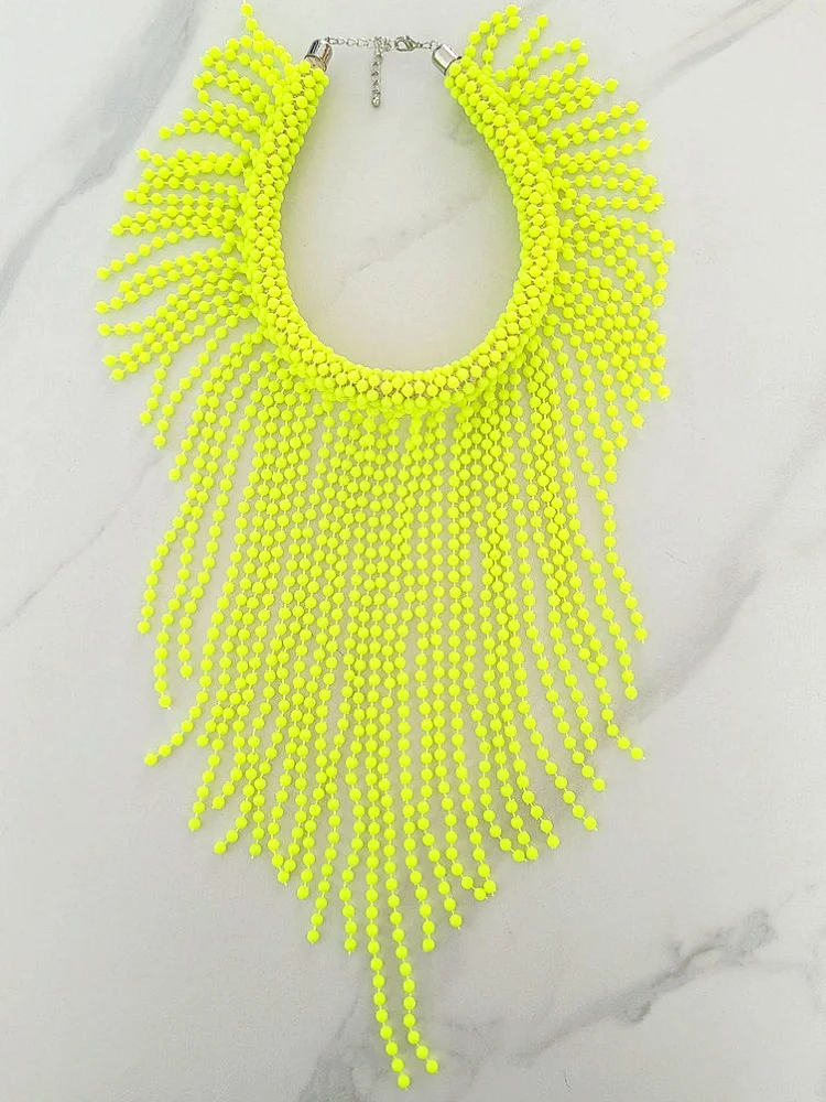 

CHIC Women Necklaces Handmade Neon Yellow Beads Long Tassels Summer Bohemia Statement Trendy Unique Holiday Lady Chains Chokers