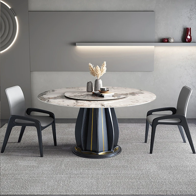 

Modern Minimalist Light Luxury Round Table With Turntable Nordic High-end Rock Slab Dining Table And Chair Combination Home