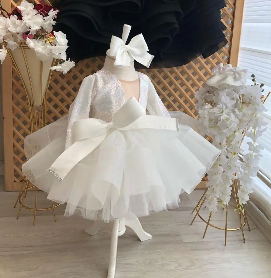

White Flower Girl Dress for Wedding with Long Sleeve Glitter Sequined Tutu Cupcake Outfit Baby Girl First Birthday Dress