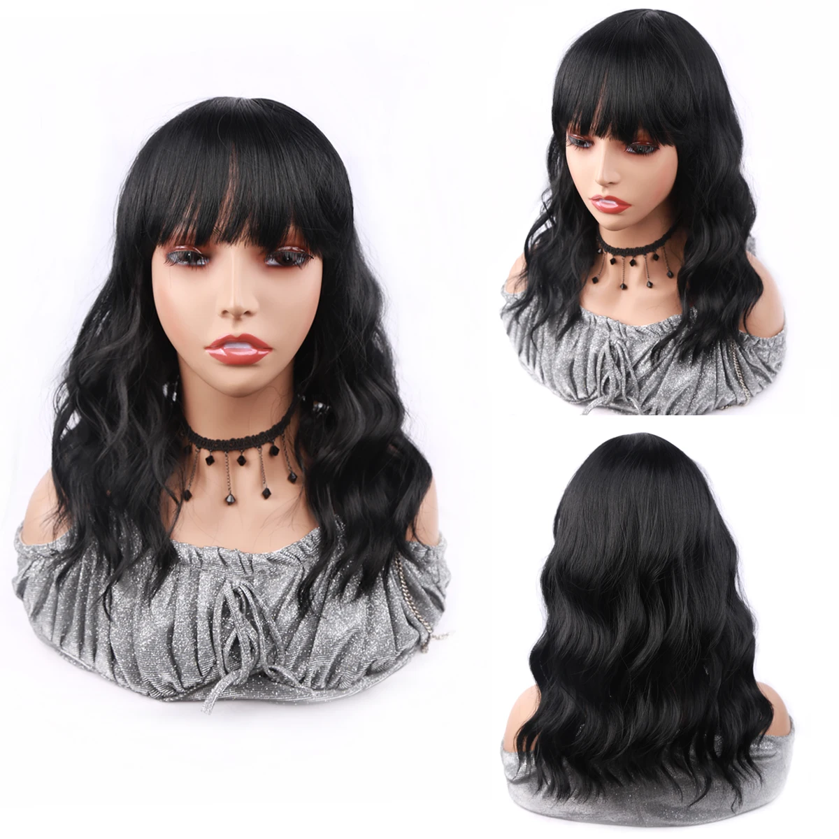 

14Inch Short Bob Wigs for Women Black Natural Wavy Synthetic Heat Resistant Wig with Bangs for Girl Daily Cosplay Use