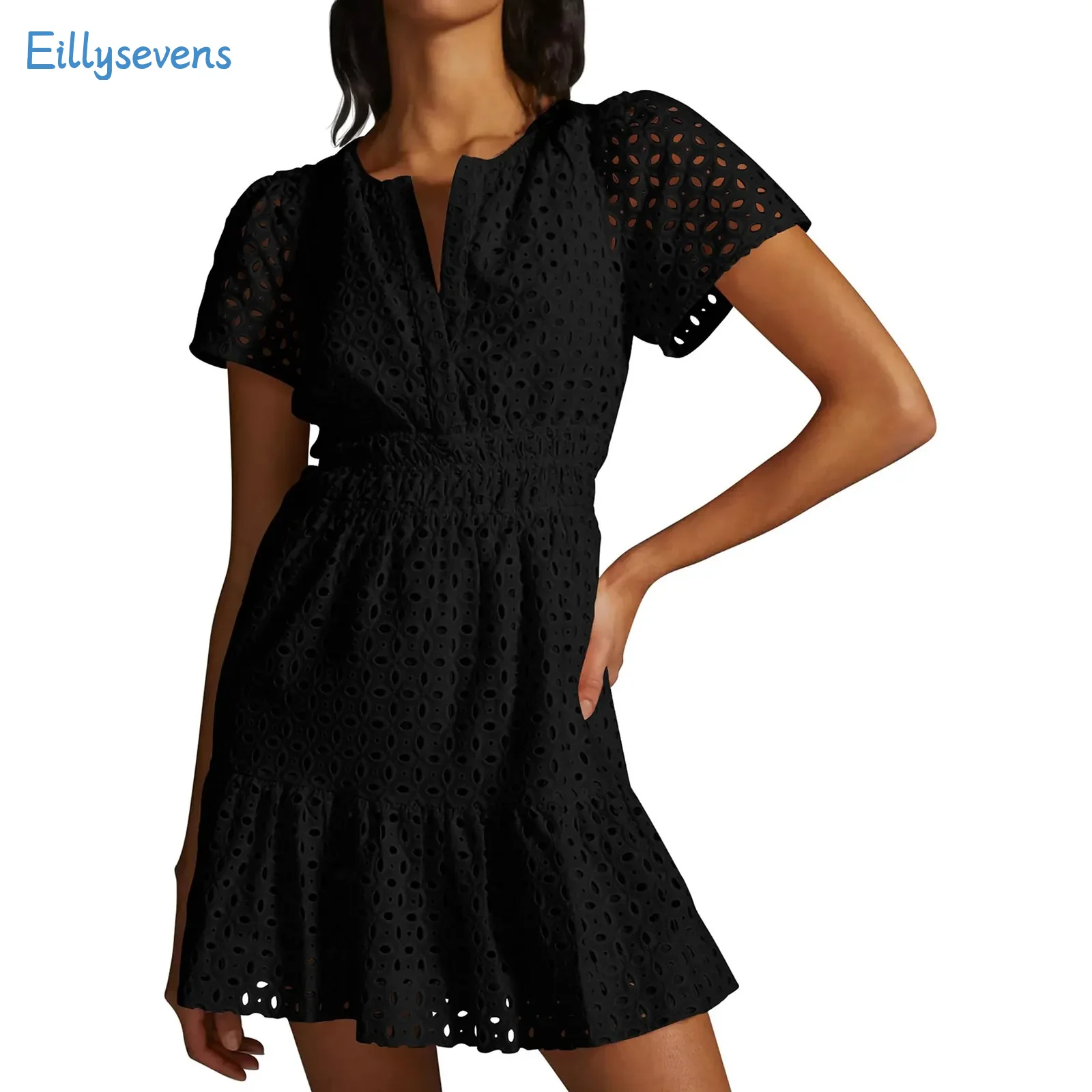 

Women'S New Hollow Dresses Daily Causal Date Short Sleeved V-Neck Solid Color Waist Dress Summer Leisure Vacation Seaside Dress