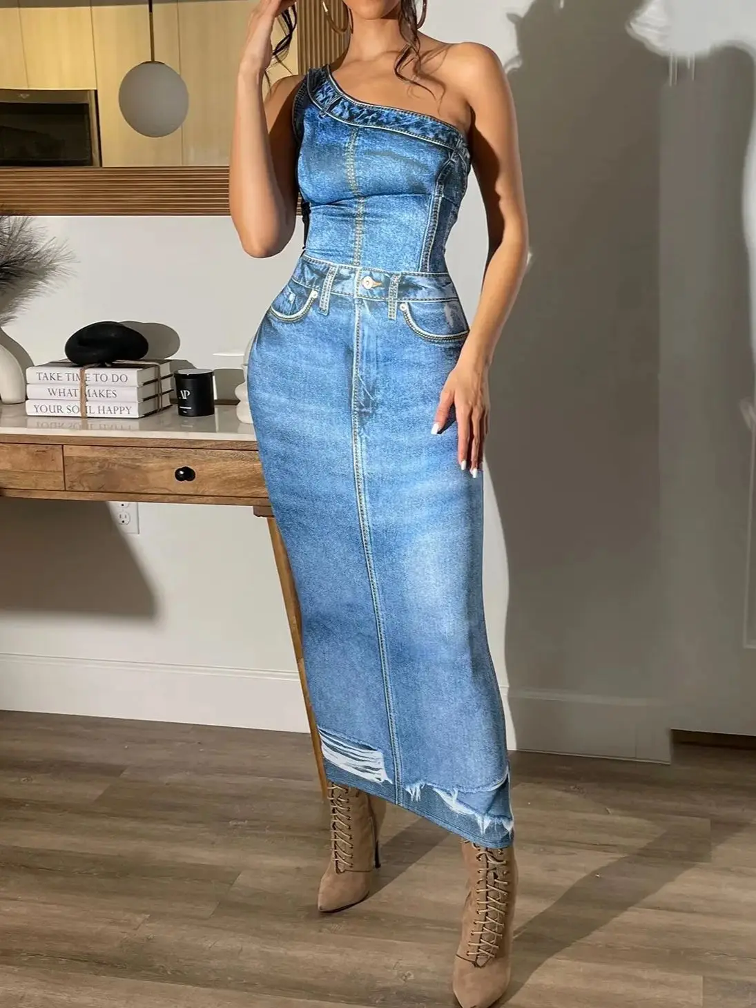 

Women's New Imitation Denim Printed One Shoulder Dress Temperament Commuting Sexy Spicy Girl Women Bandeau Skinny Dresses