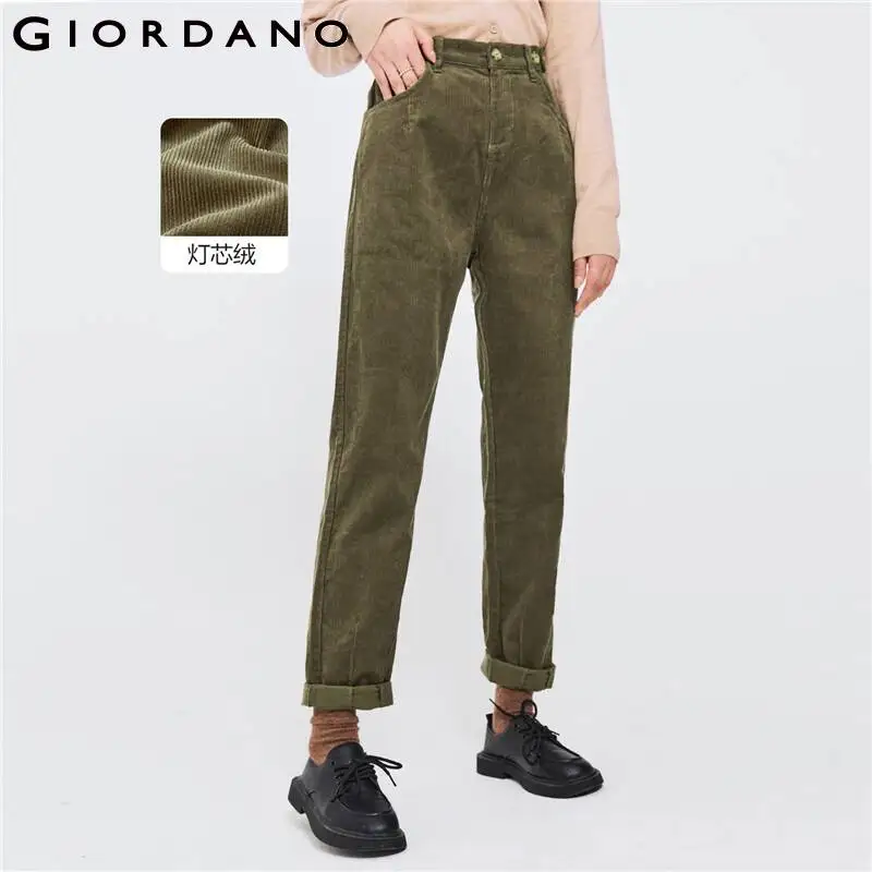 

GIORDANO Women Pants Half Elastic Waist Zip Fly 100% Cotton Corduroy Pants Folded Cuff Simple Solid Color Casual Pants 05412671