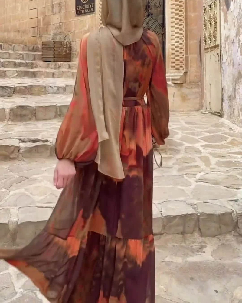 

Modest Dubai Abaya Islam Ramadan Robe Femme Kaftan Formal Evening Maxi Dresses Muslim Fashion Women Chiffon Print Long Dress