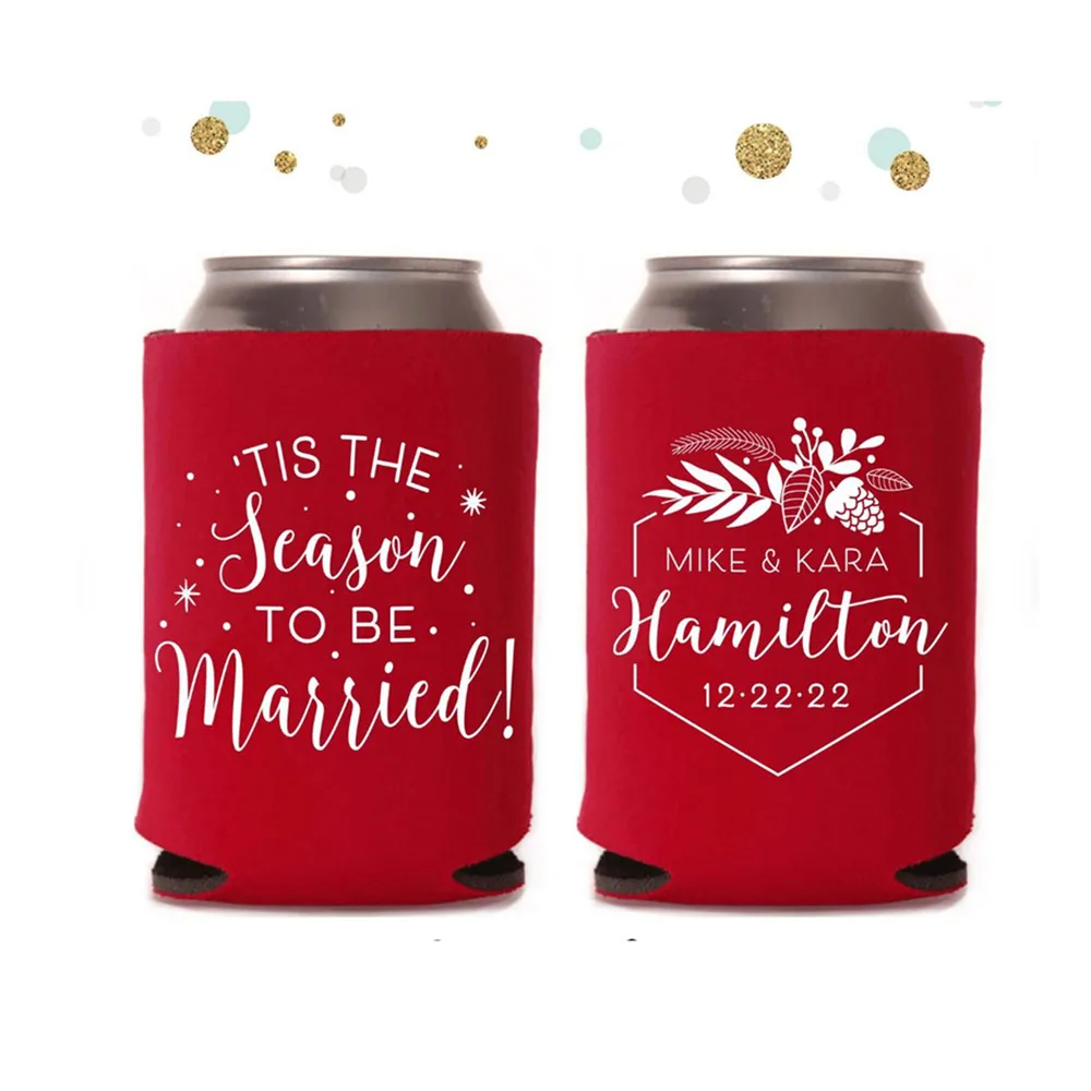 

Tis The Season - Wedding Can Cooler #184R - Custom - Holiday Wedding Favors, Christmas Wedding, Beer Huggers, Wedding Favor, Bee
