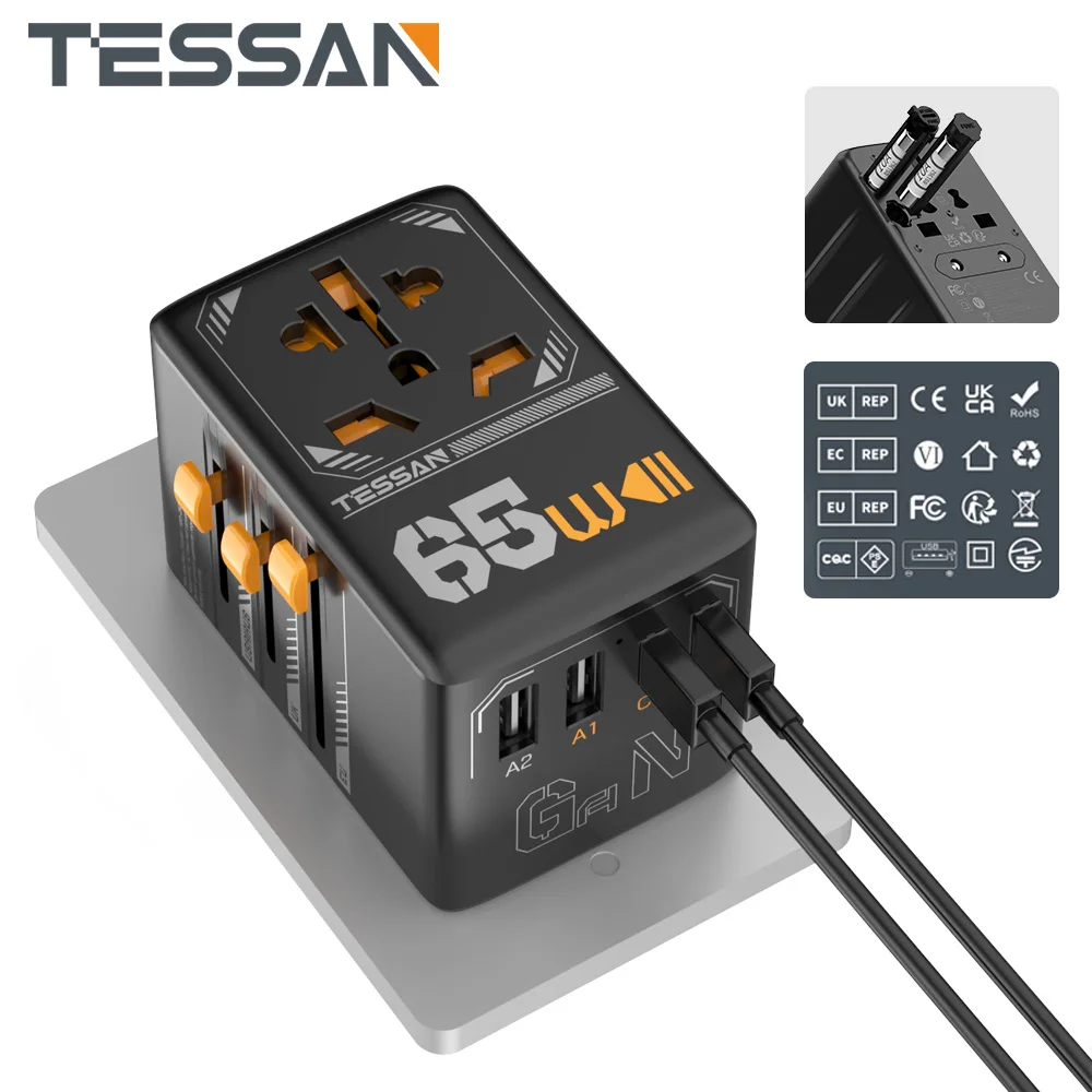 

TESSAN 35W/65W/100W GaN Universal Travel Adapter with USB Ports Type C Fast Charging Power Adapter EU/UK/USA/AUS plug for Travel