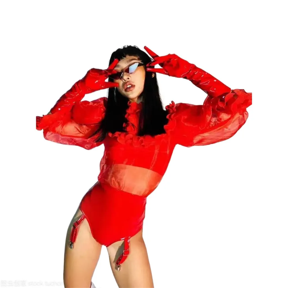 

New Red Leather (Tops+Shorts+Gloves) Set Jazz Dance Performance Outfit Nightclub Bar Women Singer Leading Dancer Stage Costume ﻿